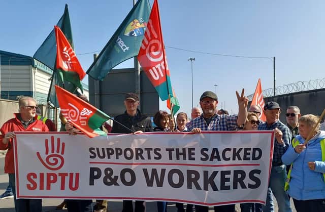 A rally at Dublin Port outside the P&O terminal to send support to the hunderds of seafarers sacked in recent days.