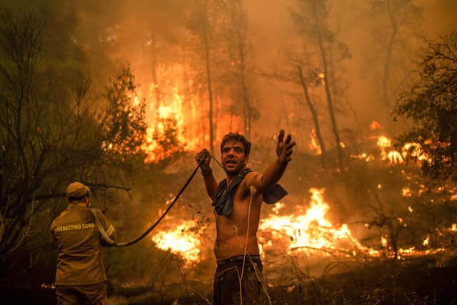 A firefighter and a local man attempt to fight a forest fire approaching the village of Pefki on the Greek island of Evia. He is gesturing because the hose has run out of water (Picture: Angelos Tzortzinis/AFP via Getty Images)
