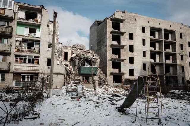 A destroyed building remains in the Ukrainian town of Chasiv Yar.