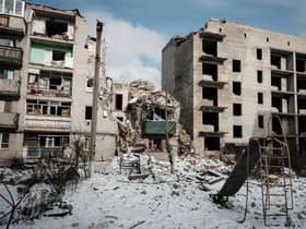 A destroyed building remains in the Ukrainian town of Chasiv Yar.