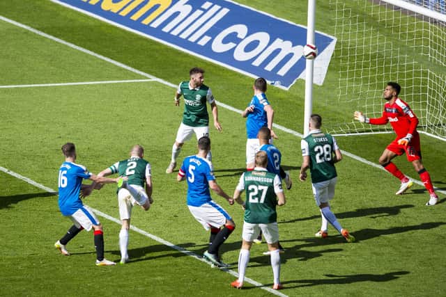 Hibs captain David Gray scores the winning goal against Rangers in the 2016 Scottish Cup final.