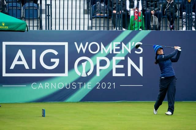 Kelsey MacDonald hits the opening tee shot on her AIG Women's Open debut at Carnoustie. Picture: Tristan Jones.