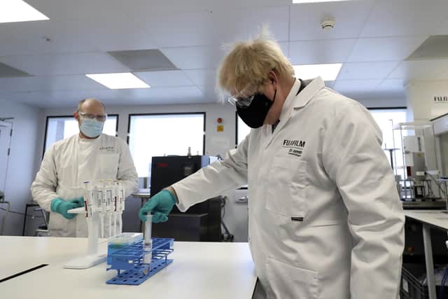 Prime Minister Boris Johnson on a visit to the Fujifilm Diosynth Biotechnologies plant in Billingham, Teesside, which is scheduled to make millions of doses of the new Novavax vaccine.