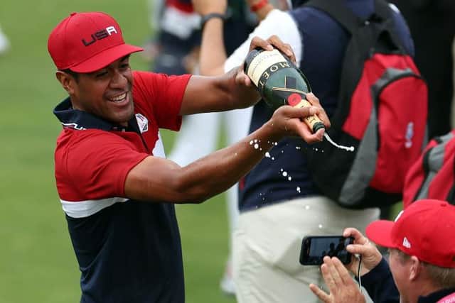 Tony Finau celebrates after playing his part in Team USA's win in the 43rd Ryder Cup at Whistling Straits. Picture: Richard Heathcote/Getty Images.