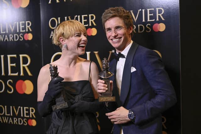 Jessie Buckley, winner of the Best Actress in a Musical, and Eddie Redmayne, winner of the Best Actor in a Musical, celebrate at the Olivier Awards (Picture: Gareth Cattermole/Getty Images for SOLT)