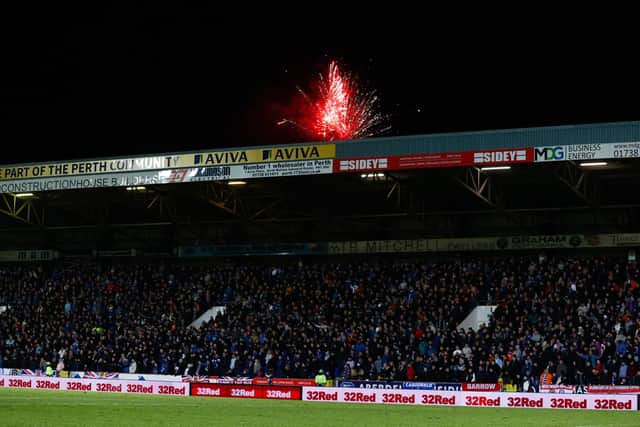 Fireworks set off outside McDiarmid Park with many St Johnstone fans boycotting the Scottish Cup clash with Rangers. (Photo by Craig Williamson / SNS Group)