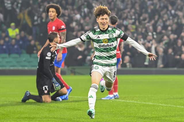 Celtic's Kyogo Furuhashi celebrates after making it 1-0 against Atletico Madrid. (Photo by Rob Casey / SNS Group)