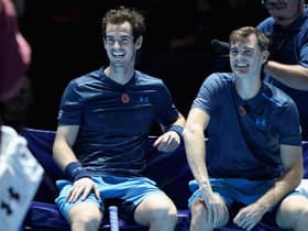 Andy Murray and Jamie Murray share a joke during their doubles match against Tim Henman and Mansour Bahrami during Andy Murray Live at The Hydro on November 7, 2017 in Glasgow. Picture: Steve Welsh/Getty Images for Andy Murray Live