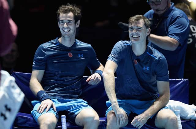 Andy Murray and Jamie Murray share a joke during their doubles match against Tim Henman and Mansour Bahrami during Andy Murray Live at The Hydro on November 7, 2017 in Glasgow. Picture: Steve Welsh/Getty Images for Andy Murray Live