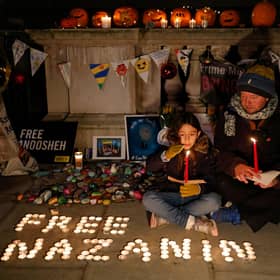 Richard Ratcliffe, husband of Nazanin Zaghari-Ratcliffe, a British-Iranian held in Iran since 2016, sits outside the Foreign Office with his daughter Gabriella last week as his hunger strike continues (Picture: Tolga Akmen/AFP via Getty Images)