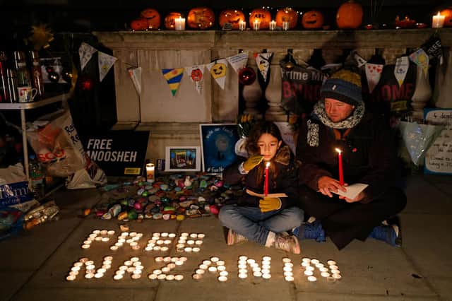 Richard Ratcliffe, husband of Nazanin Zaghari-Ratcliffe, a British-Iranian held in Iran since 2016, sits outside the Foreign Office with his daughter Gabriella last week as his hunger strike continues (Picture: Tolga Akmen/AFP via Getty Images)