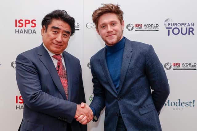 ISPS HANDA Founder and Chairman, Dr Haruhisa Handa with Modest! Golf Management owner and ISPS HANDA Ambassador, Niall Horan.PIcture: Getty Images.