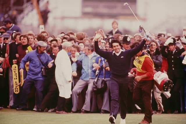 Seve Ballesteros celebrates on the 18th fairway on his way to his first Open victory at Royal Lytham St Annes in 1979. Picture: Steve Powell/Allsport