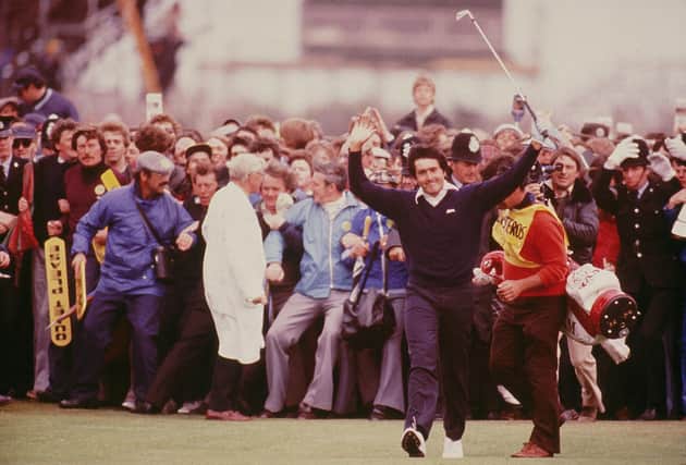 Seve Ballesteros celebrates on the 18th fairway on his way to his first Open victory at Royal Lytham St Annes in 1979. Picture: Steve Powell/Allsport