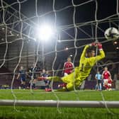 Denmark's Gustav Isaksen scores the opening goal during the UEFA Under-21 Championship Qualifier match between Scotland and Denmark at Tynecastle Stadium on October 07, 2021, in Edinburgh, Scotland. (Photo by Craig Foy / SNS Group)