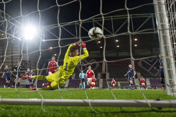 Denmark's Gustav Isaksen scores the opening goal during the UEFA Under-21 Championship Qualifier match between Scotland and Denmark at Tynecastle Stadium on October 07, 2021, in Edinburgh, Scotland. (Photo by Craig Foy / SNS Group)