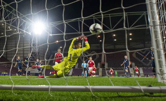 Denmark's Gustav Isaksen scores the opening goal during the UEFA Under-21 Championship Qualifier match between Scotland and Denmark at Tynecastle Stadium on October 07, 2021, in Edinburgh, Scotland. (Photo by Craig Foy / SNS Group)