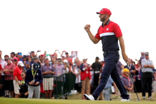 Dustin Johnson celebrates winning five matches out of five at Whistling Straits. Picture: Stacy Revere/Getty Images.