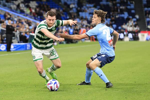 Celtic's Anthony Ralston is challenged by Jake Girdwood-Reich of Sydney FC during the Sydney Super Cup match at Allianz Stadium. (Photo by Mark Evans/Getty Images)