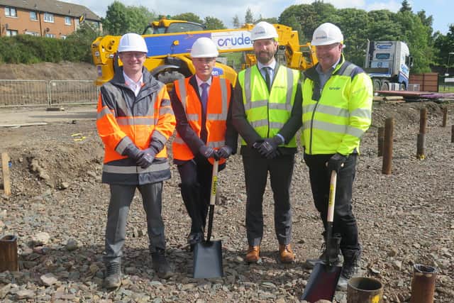 L-R: Barry Stuart, the senior project manager with Midlothian Council; Midlothian Council’s cabinet member for housing, councillor Stuart McKenzie; Cruden commercial director Richard Crowther and Cruden site manager Willie Marshall.