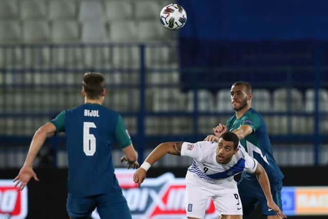 Giorgos Giakoumakis in action for Greece. (Photo by ALKIS KONSTANTINIDIS/POOL/AFP via Getty Images)