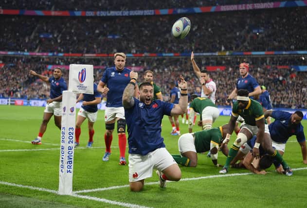 Cyril Baille of France celebrates scoring his team's first try during the epic quarter-final defeat to South Africa. (Photo by Mike Hewitt/Getty Images)