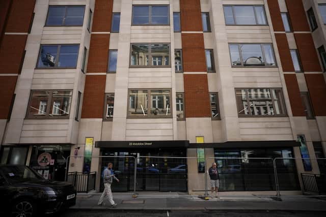 An exterior view of 25 Maddox Street in the Mayfair district of London. The property is linked to Azerbaijani President Ilham Aliyev in a new report dubbed the Pandora Papers that sheds light on how world leaders, powerful politicians, billionaires and others have used offshore accounts to shield assets collectively worth trillions of dollars over the past quarter-century. Picture: AP Photo/Matt Dunham