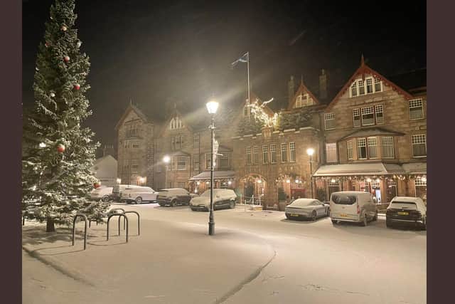Snow has fallen on large parts of Perthshire, Aberdeenshire and the south Highlands with guests at the Fife Arms in Braemar waking up to this wintry scene. PIC: Braemar, Ballater and Deeside Weather Page @Alonso2012F.