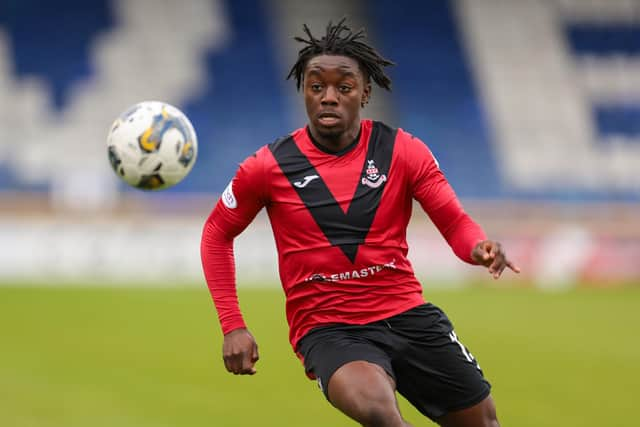 Hibs' Kanayo Megwa in action for Airdrie during his recent loan spell at the Championship club. Photo by Ewan Bootman / SNS Group