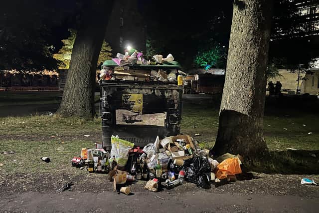 Bins are overflowing all over the city centre, especially in the busiest places for festivalgoers -- this picture was taken in the Meadows, close to some of the major events venues. Picture: Ilona Amos