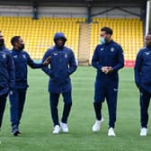James Tavernier, Jermain Defore, Glen Kamara, Connor Goldson and Joe Aribo arrive at the ground during the Scottish Premiership match between Livingston and Rangers at the Tony Macaroni Arena on May 12, 2021, in Livingston, Scotland.  (Photo by Rob Casey / SNS Group)