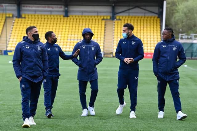 James Tavernier, Jermain Defore, Glen Kamara, Connor Goldson and Joe Aribo arrive at the ground during the Scottish Premiership match between Livingston and Rangers at the Tony Macaroni Arena on May 12, 2021, in Livingston, Scotland.  (Photo by Rob Casey / SNS Group)