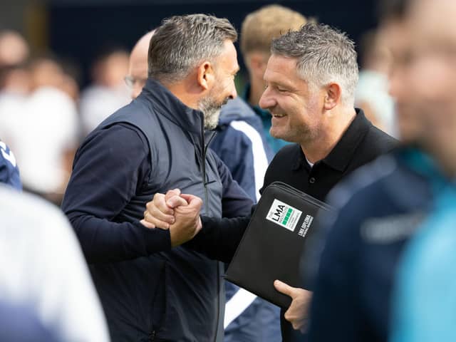 Kilmarnock manager Derek McInnes (left) and Dundee boss Tony Docherty have both been nominated for the PFA Scotland Manager of the Year award, alongisde Falkirk's John McGlynn. (Photo by Mark Scates / SNS Group)