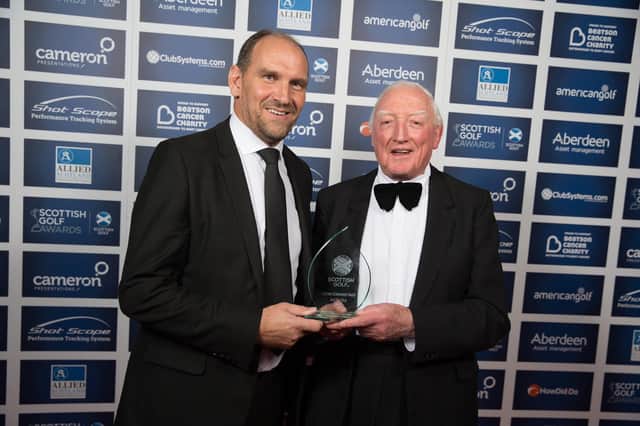 Martin Dempster, The Scotsman's golf correspondent, presents Jock MacVicar with a lifetime achievemet accolade at the Scottish Golf Awards in Edinburgh in 2017. Picture: Kenny Smith