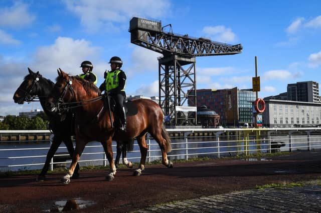 Mounted police patrol near the SSE Hydro in Glasgow (Picture: Andy Buchanan/AFP via Getty Images)