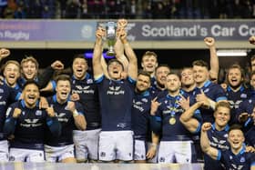 Scotland players celebrate lifting the Doddie Weir Cup after victory over Wales at Murrayfield on matchday two of the 2023 Guinness Six Nations. (Photo by Craig Williamson / SNS Group)