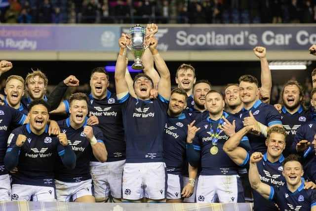 Scotland players celebrate lifting the Doddie Weir Cup after victory over Wales at Murrayfield on matchday two of the 2023 Guinness Six Nations. (Photo by Craig Williamson / SNS Group)