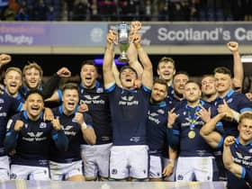 Scotland players celebrate lifting the Doddie Weir Cup after victory over Wales at Murrayfield on matchday two of the 2023 Guinness Six Nations. (Photo by Craig Williamson / SNS Group)