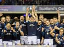 Scotland players celebrate lifting the Doddie Weir Cup after victory over Wales at Murrayfield on matchday two of the 2023 Guinness Six Nations. (Photo by Craig Williamson / SNS Group)