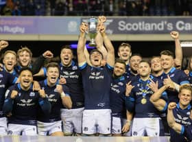 Scotland players celebrate lifting the Doddie Weir Cup after victory over Wales at Murrayfield on matchday two of the 2023 Guinness Six Nations. (Photo by Craig Williamson / SNS Group)