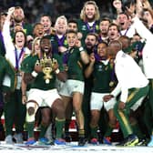 Siya Kolisi lifts the Web Ellis trophy after South Africa's victory over England in the 2019 Rugby World Cup final. (Photo by David Rogers/Getty Images)