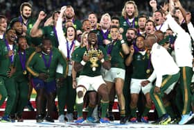 Siya Kolisi lifts the Web Ellis trophy after South Africa's victory over England in the 2019 Rugby World Cup final. (Photo by David Rogers/Getty Images)