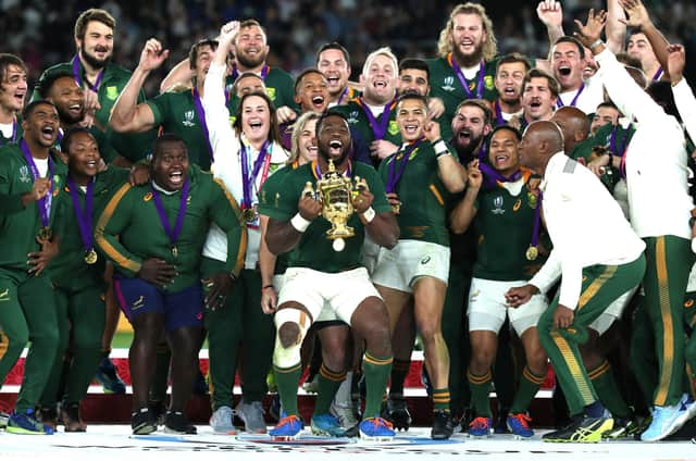 Siya Kolisi lifts the Web Ellis trophy after South Africa's victory over England in the 2019 Rugby World Cup final. (Photo by David Rogers/Getty Images)