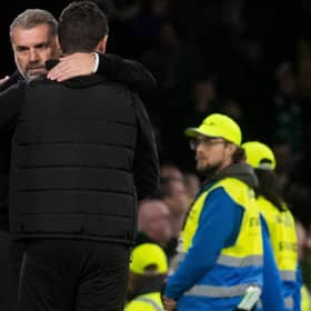 Celtic manager Ange Postecolgou embraces Dundee United's Liam Fox at the conclusion of the 4-2 win delivered by two late goals for the Scottish champions in November, with the Australian understanding of the vagaries faced by all those in his domain.(Photo by Craig Foy / SNS Group)