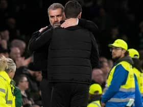 Celtic manager Ange Postecolgou embraces Dundee United's Liam Fox at the conclusion of the 4-2 win delivered by two late goals for the Scottish champions in November, with the Australian understanding of the vagaries faced by all those in his domain.(Photo by Craig Foy / SNS Group)