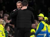 Celtic manager Ange Postecolgou embraces Dundee United's Liam Fox at the conclusion of the 4-2 win delivered by two late goals for the Scottish champions in November, with the Australian understanding of the vagaries faced by all those in his domain.(Photo by Craig Foy / SNS Group)