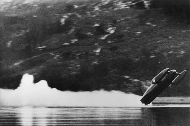 Donald Campbell's Bluebird K7 leaves the surface of Coniston Water, moments before its fatal crash. Picture: Michael Brennan/Getty