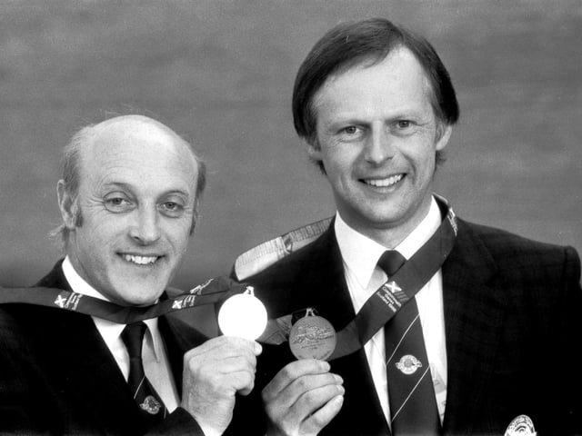 Scottish athletes Alister Allan (left, silver) and John Knowles (bronze) with the medals they won in the small bore rifle shooting event of the 1986 Commonwealth Games at Meadowbank stadium in Edinburgh.