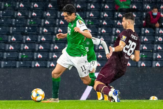 A penalty is awarded after Joe Newell is brought down by Mihai Popescu during a Scottish Cup semi-final match between Hearts and Hibs at Hampden Park, on October 31, 2020.