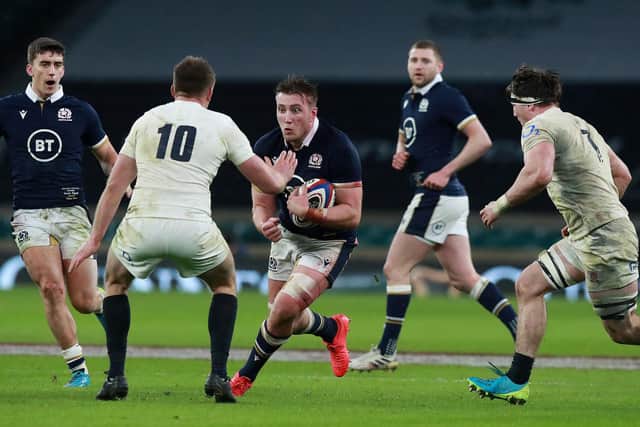 Matt Fagerson takes on Owen Farrell during Scotland's 11-6 win at Twickenham in 2021. (Photo by David Rogers/Getty Images)